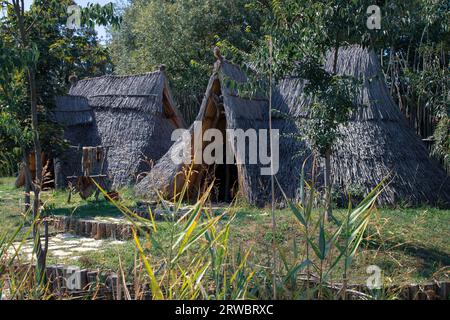 Reconstruction d'un village de pêche de la culture Vinča du Néolithique tardif Banque D'Images