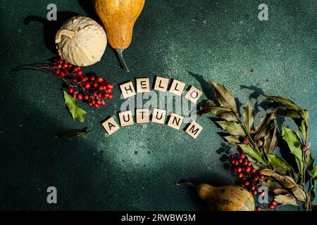Composition vue de dessus de citrouille mûre collectée arrangée avec des carreaux de bois de mot de jeu disant Bonjour automne sur fond vert Banque D'Images