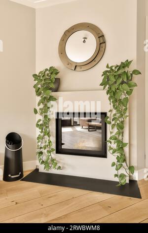 Miroir et plantes vertes accrochées autour de la cheminée construite dans le mur blanc dans le salon moderne à l'appartement contemporain Banque D'Images
