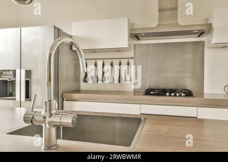 Intérieur de la cuisine moderne avec robinet en acier inoxydable à l'évier sur l'île et ustensiles de cuisine accrochés au mur au comptoir Banque D'Images