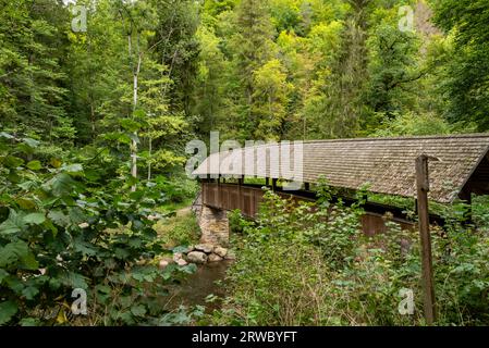 Pont couvert en bois sur la rivière Wutach au sentier de randonnée des 3 Gorges, Forêt Noire, Allemagne Banque D'Images