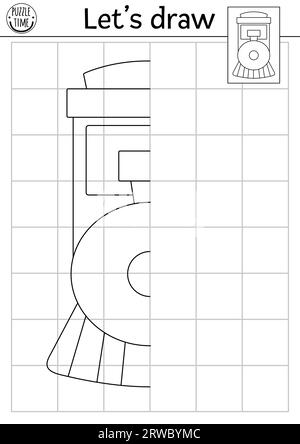 Complétez la photo du train. Feuille de travail pratique de dessin symétrique de transport vectoriel. Activité imprimable en noir et blanc pour les enfants. Copiez l'image Illustration de Vecteur