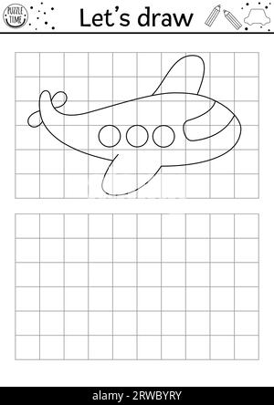 Dessinez le plan. Feuille de travail pratique de dessin de transport vectoriel. Activité imprimable en noir et blanc pour les enfants avec avion. Transport aérien copie ou com Illustration de Vecteur