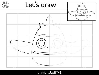 Complétez l'image de l'avion. Feuille de travail pratique de dessin symétrique de transport vectoriel. Activité imprimable en noir et blanc pour les enfants. Copiez l'image Illustration de Vecteur