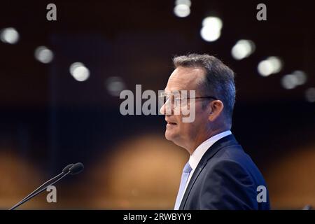 Eupen, Belgique. 18 septembre 2023. Le ministre de la Communauté allemande Oliver Paasch photographié lors d'une session plénière du Parlement de la Deutschsprachige Gemeinschaft Belges (communauté germanophone de Belgique) à Eupen le lundi 18 septembre 2023. BELGA PHOTO ERIC LALMAND crédit : Belga News Agency/Alamy Live News Banque D'Images