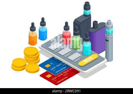 Fumage, vapotage et nicotine modernes isométriques. Recharges de cigarettes électroniques. Liquides pour dispositifs de vaporisation Illustration de Vecteur