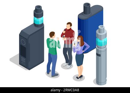 Fumage, vapotage et nicotine modernes isométriques. Recharges de cigarettes électroniques. Liquides pour dispositifs de vaporisation Illustration de Vecteur