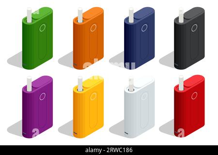 Dispositifs électroniques isométriques pour fumeurs sur fond blanc. Recharges de cigarettes électroniques. Liquides pour dispositifs de vaporisation. Illustration de Vecteur