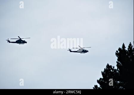 Des hélicoptères militaires tchèques survolent la forêt. Deux types d'avions différents quittent le spectacle aérien. Banque D'Images