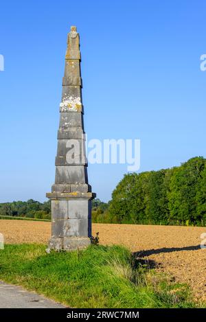 Pyramide de Verlée du 19e siècle, obélisque non marqué, jalon de l'époque napoléonienne dans les champs près de Havelange, province de Namur, Wallonie, Belgique Banque D'Images