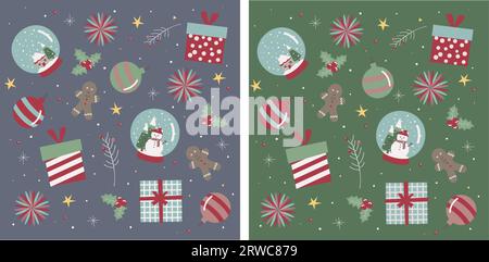 Motif de Noël sans couture avec ornements, cadeaux, boule de neige et pain au gingembre en vert et bleu Illustration de Vecteur