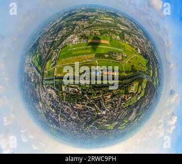 Photo aérienne, aérodrome Hamm-Lippewiesen, Lippestrand et ville, globe, fisheye shot, prise de vue à 360 degrés, monde minuscule, quartier Heessen, Hamm, Ruhr sont Banque D'Images