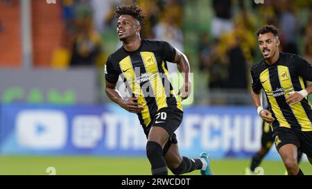 Jeddah, Arabie saoudite. 18 septembre 2023. Haroune Moussa Camara d'Al-Ittihad SFC (KSA) célèbre après avoir marqué un but contre AGMK FC (UZB) lors de leur match jour 1 de la Ligue des Champions AFC 2023-24 Groupe C au Prince Abdullah Al Faisal Stadium le 18 septembre 2023 à Djeddah, Arabie Saoudite. Photo de Stringer / Power Sport Images crédit : Power Sport Images Ltd/Alamy Live News Banque D'Images