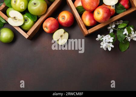 Pommes rouges et vertes mûres dans une boîte en bois avec branche de fleurs blanches sur un fond rouillé. Vue de dessus avec espace pour votre texte. Banque D'Images