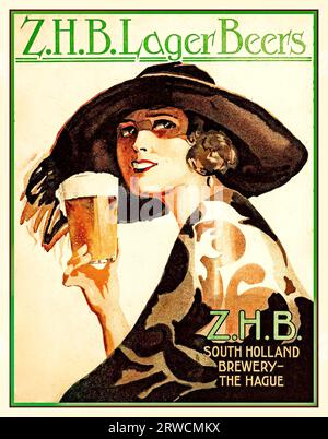 Carte Poster vintage des années 1920 par Jacob Jansma pour Z.H.B. Lager Beers Z.H.B. South Holland Brewery - la Haye Hollande. Z.H.B. Lager Beers, de la brasserie South Holland Brewery (alias Zuid Hollandse Bierbrouwerijen Banque D'Images