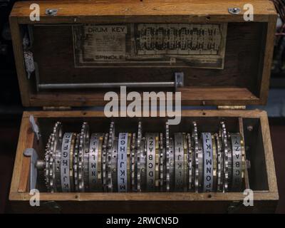 Enigma rotor Drums - Un détail de l'une des expositions à Bletchley Park. Connu sous le nom de Station X, Bletchley Park abritait les briseurs de code, Alistair Denn Banque D'Images