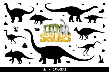 Silhouettes de dinosaures de dessin animé d'animaux dino jurassique. Vecteurs ombres noires des monstres elmisaurus, jaxartosaurus et garudimimus, magyarosaurus, protoceratops, quaesitosaurus et struthiosaurus Illustration de Vecteur