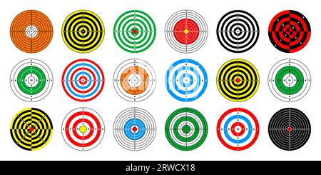 Cibles en papier du champ de tir. Cible ronde avec divisions, marques et numéros. Tir à l'arc, entraînement au tir à l'arme à feu, compétition sportive et Illustration de Vecteur