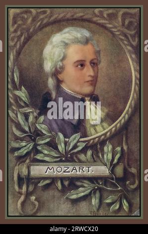 Années 1770 Wolfgang Amadeus Mozart, 1756 - 1791, jeune homme. Compositeur et musicien autrichien. PORTRAIT CARTE D'AFFICHE COMMÉMORATIVE D'UN JEUNE MOZART EN ROBE FORMELLE DE L'ÉPOQUE Banque D'Images