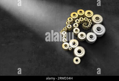 L'ingénierie humaine et l'intelligence en tant qu'engrenages et rouages connectés ensemble sous la forme d'un profil de tête comme une chaîne travaillant en équipe pour un succe créatif Banque D'Images