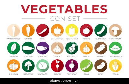 Légumes colorés Round Icon Set de racine de Parsey, carotte, piment, paprika, poivre, tomate, concombre, champignon, épinard, courgette, aubergine, ail, O. Illustration de Vecteur