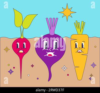 Groovy Cute Vegetable Set de caractères de radis, betterave, carotte dans le jardin de sol Illustration de Vecteur