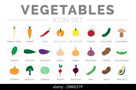 Légumes Round Icon Set de racine de Parsey, carotte, piment, paprika, poivre, tomate, concombre, champignon, épinard, courgette, aubergine, ail, oignon, pot Illustration de Vecteur