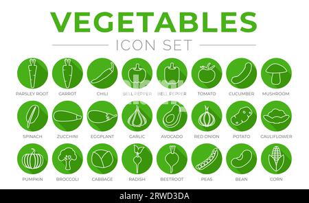 Vert légumes Round Outline Icon Set de racine de Parsey, carotte, piment, paprika, poivre, tomate, concombre, champignon, épinard, courgette, aubergine, Garl Illustration de Vecteur