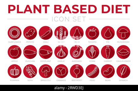 Flat Outline Plant Based Diet Round Red Icon Set de tournesol, pomme de terre, piment, blé, poire, tomate, figue, champignon, pomme, courgette, aubergines, ail, Illustration de Vecteur