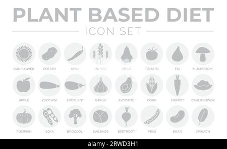 Ensemble d'icônes rondes de régime à base de plantes grises de tournesol, pomme de terre, piment, blé, poire, tomate, figue, champignon, pomme, courgette, aubergine, ail, avocat, Cor Illustration de Vecteur