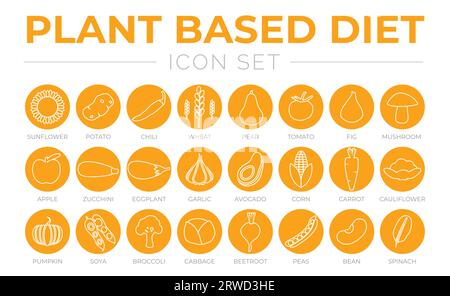 Contour régime à base de plantes Round Orange Icon Set de tournesol, pomme de terre, piment, blé, poire, tomate, figue, champignon, pomme, courgette, aubergine, ail, AV Illustration de Vecteur