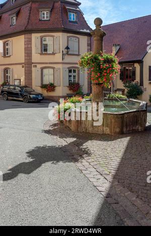 Hunawihr, France - 09 04 2023 : vue d'une fontaine en pierre typique avec des fleurs colorées suspendues Banque D'Images