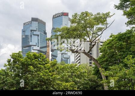 Étang et jardin dans Hong Kong Central Park par une journée ensoleillée au milieu de la ville entouré de gratte-ciel. Hong Kong - 31 août 2023 Banque D'Images