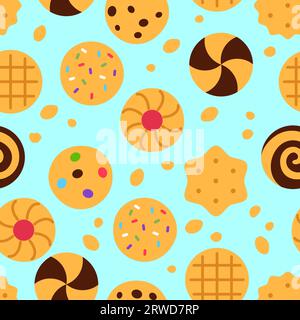 Cookies modèle sans couture sur fond bleu. Illustration de Vecteur
