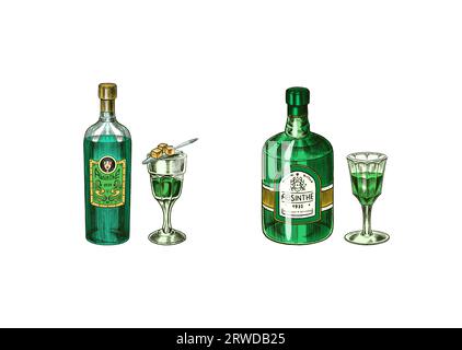 Bouteille de verre d'Absinthe. Femme tenant un toast boire. Distillerie d'alambics de cuivre à col de Pot Swan pour la fabrication d'alcool. Étiquette pour affiche rétro Illustration de Vecteur