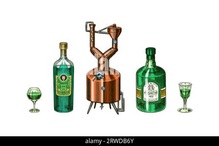 Bouteille de verre d'Absinthe. Femme tenant un toast boire. Distillerie d'alambics de cuivre à col de Pot Swan pour la fabrication d'alcool. Étiquette pour affiche rétro Illustration de Vecteur