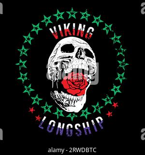Navire viking. T-shirt Skull avec une rose rouge et un cercle d'étoiles sur fond noir. Illustration de Vecteur