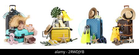 Ensemble avec valises et accessoires de plage isolé sur blanc Banque D'Images