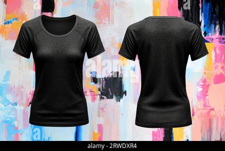 Tshirt Femme noire, modèle chemise avant dos isolé maquette féminine vierge, vêtements réalistes textiles avec fond coloré Illustration de Vecteur