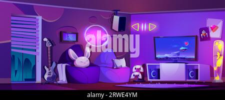 Configuration de la salle de jeux et de streaming. Intérieur de la zone de jeu de maison de dessin animé pour jouer à des jeux vidéo en ligne. Salon violet avec éléments lumineux néon sur les murs, téléviseur avec console et joystick, fauteuil avec pouf. Illustration de Vecteur