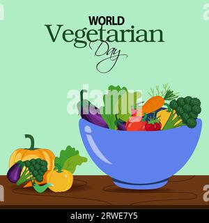 La Journée mondiale végétarienne est une célébration annuelle qui a lieu le 1 octobre pour sensibiliser aux avantages du végétarisme et promouvoir une vie à base de plantes. Illustration de Vecteur
