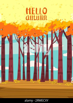 Paysage d'automne, arbres d'automne avec des feuilles jaunes, banc solitaire Illustration de Vecteur