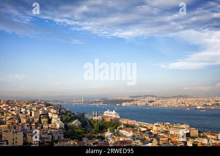 Paysage urbain d'Istanbul en Turquie, détroit du Bosphore entre les quartiers de Beyoglu et Uskudar, fin d'après-midi Banque D'Images