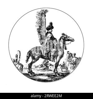 Hussar polonais, Vintage dessin de hussar polonais de profil orienté vers la droite avec des ailes attachées à son dos, une composition circulaire Banque D'Images