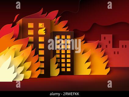 Ville sur le feu paysage apocalyptique avec bâtiment détruit Illustration de Vecteur