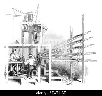 Une journée dans une usine de tapis scotch à Glasgow : le métier à tapis bruxellois. Gravure d'un magazine britannique imprimé en 1843 Banque D'Images