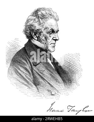 Isaac Taylor (17 août 1787 ? 28 juin 1865) est un écrivain, artiste et inventeur philosophique et historique anglais. Gravure à partir d'un magazine Banque D'Images