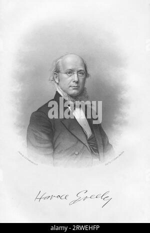 Horace Greeley (1811-1872) était un rédacteur en chef de journal américain, un fondateur du Parti républicain libéral, un réformateur et un politicien. Gravure sur acier Banque D'Images