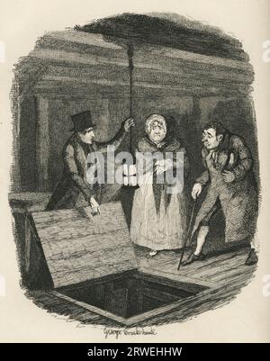 Les preuves détruites. Illustration du 19e siècle de Charles Dickens Oliver Twist. Illustration de George Cruishank (1792-1878) Banque D'Images