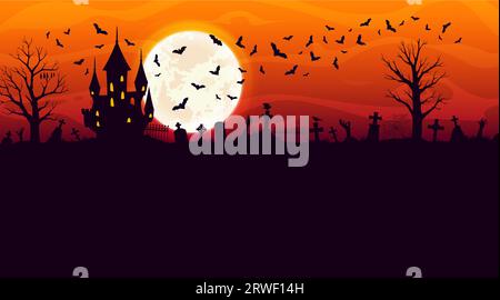 Silhouette de château d'Halloween et de cimetière avec des mains de zombies et des chauves-souris volantes. Bannière vectorielle d'horreur Halloween, maison hantée, pleine lune, arbres effrayants et pierres tombales sur fond de ciel de minuit Illustration de Vecteur